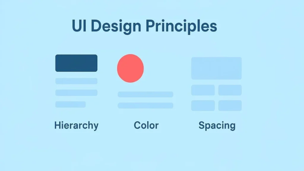 UI Design Principles visual summary: hierarchy, color, spacing