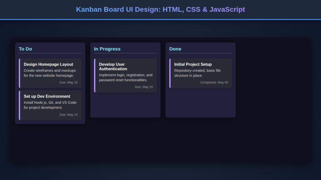 Kanban Board UI Design: HTML, CSS & JavaScript