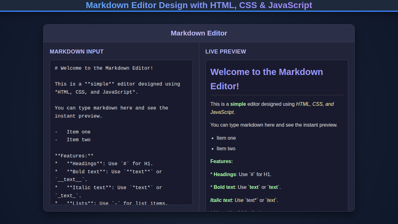 Markdown Editor Design with HTML, CSS & JavaScript