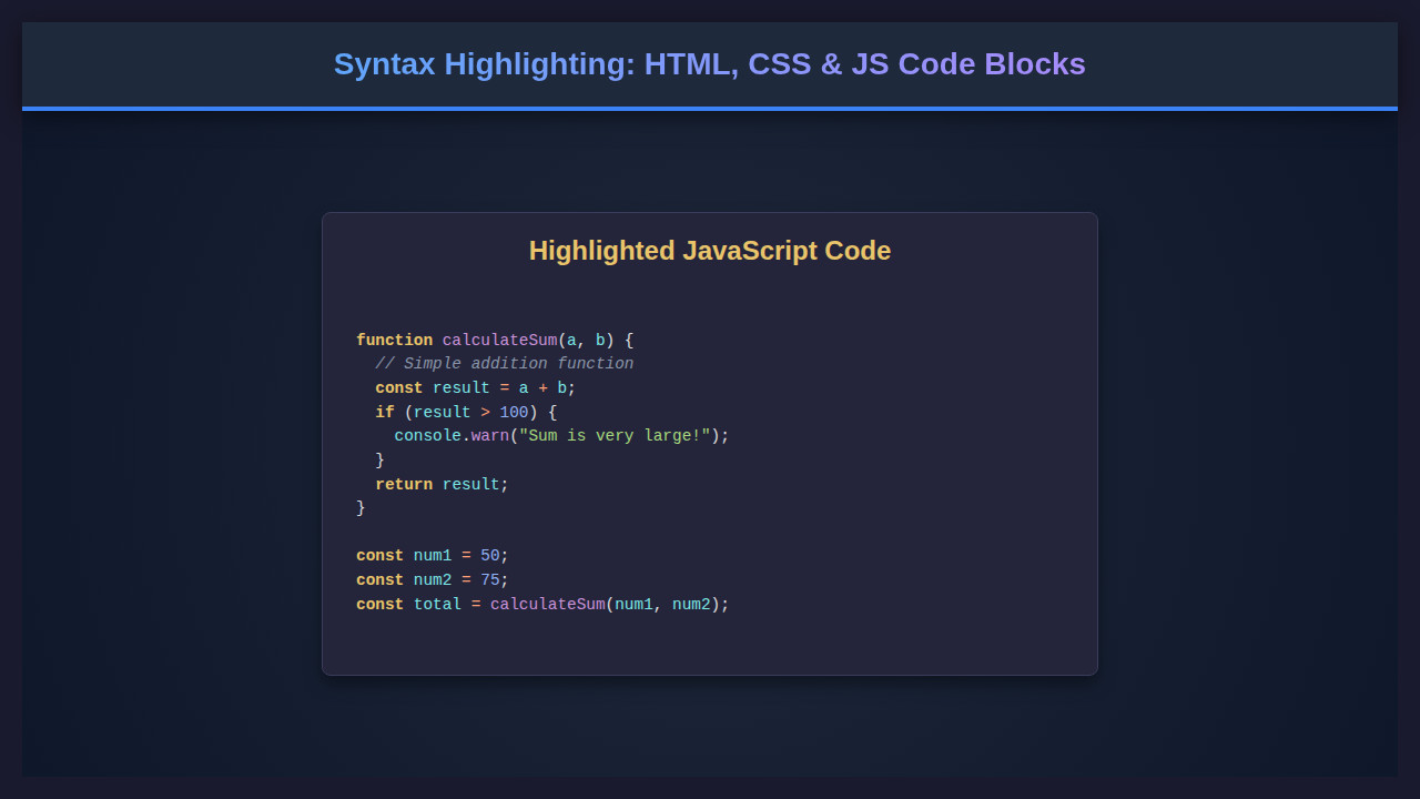 Syntax Highlighting: HTML, CSS & JS Code Blocks