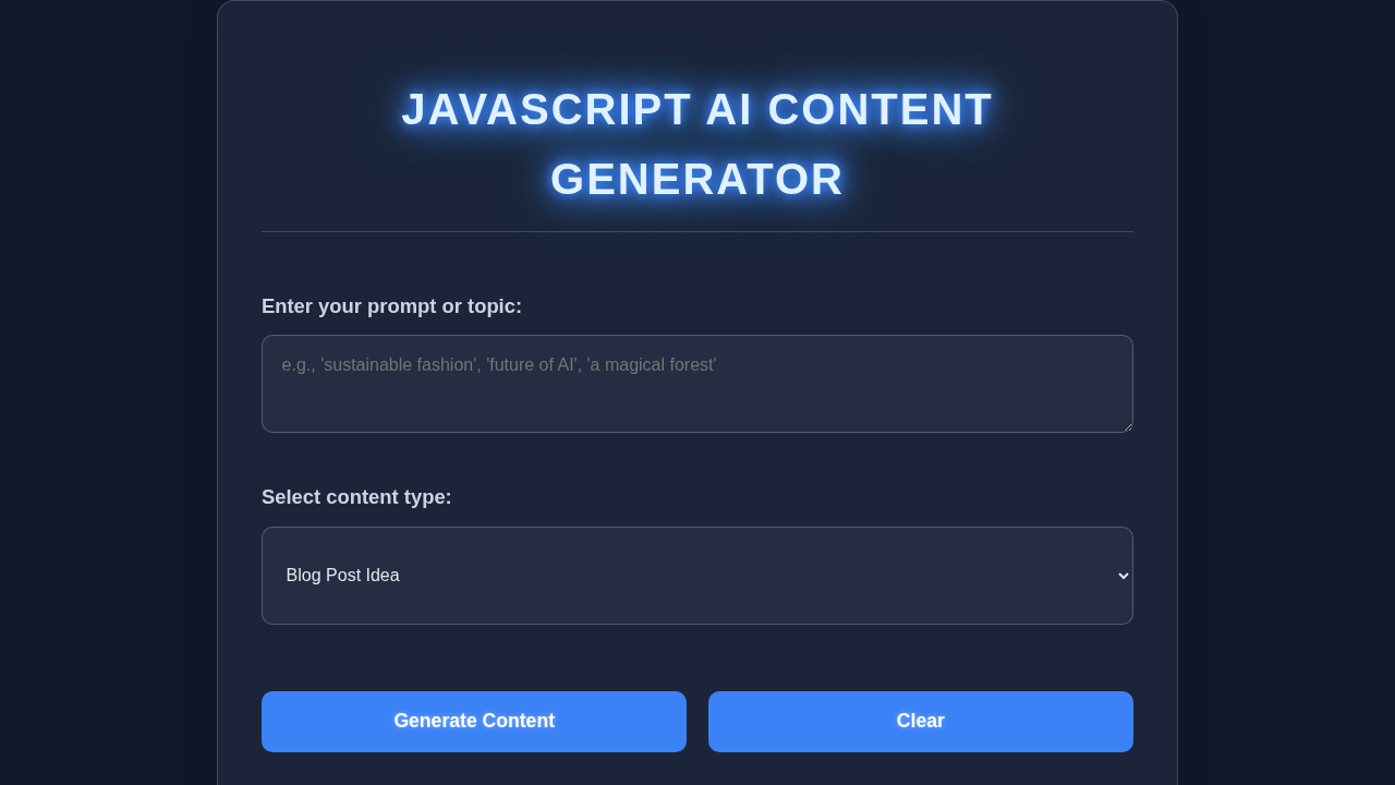 JavaScript AI Content Generator: HTML, CSS, Vanilla JS