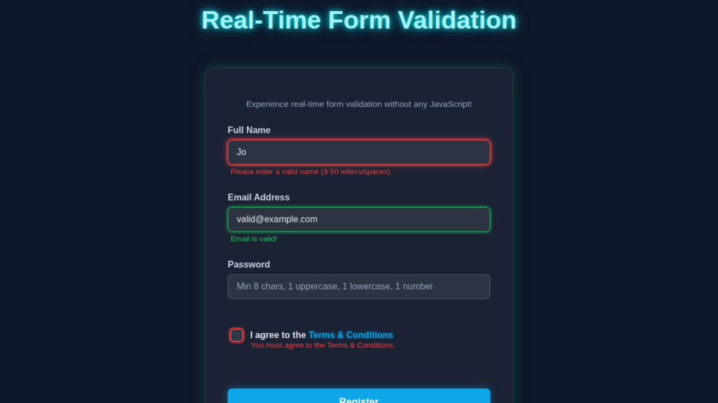 Real-Time Form Validation with HTML & CSS Only - No JavaScript